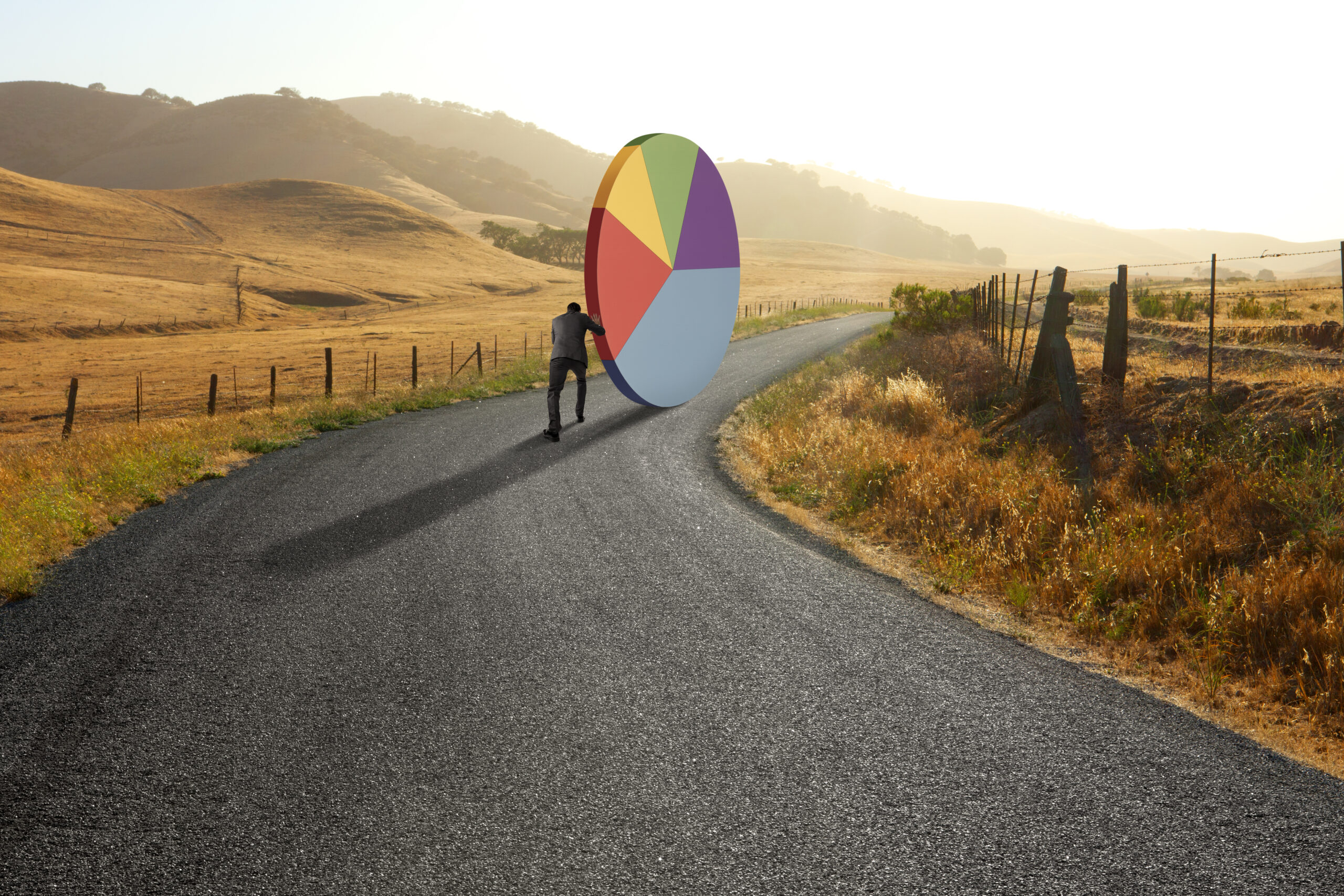 A businessman struggles to push a large pie chart down a long country road. The pie chart has been turned on its edge so that it can be rolled. The sun is setting in the distance as the late afternoon haze magnifies the importance that it is getting late. The scene is set among the golden rolling hills of central California.